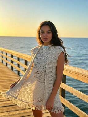 Maurices Cream Open Knit Fringed Sleeveless Vest Cardigan Size M